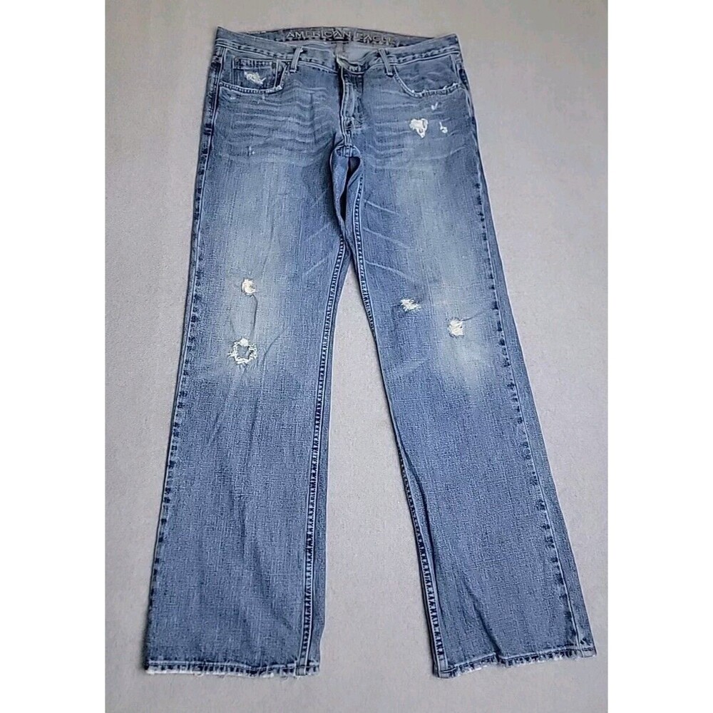 American Eagle Outfitters Men's Straight Jeans — Light Blue Distressed